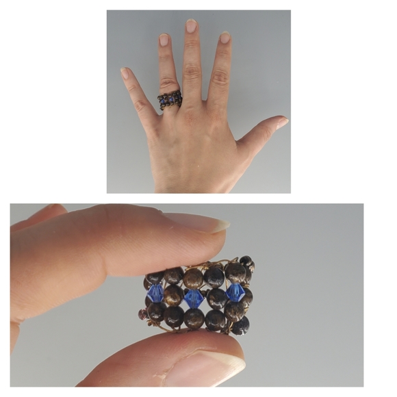 Brown Goldtone Sandstone w/ Blue Swarovski Crystal Ring - Picture 1 of 5